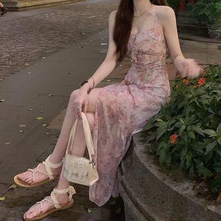 Ruffle Light Jacket / Spaghetti Strap Floral Midi A-line Dress
