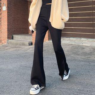 Deep-slit Boot-cut Pants Black - One Size