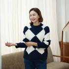 Crewneck Checked Sweater Navy Blue - One Size