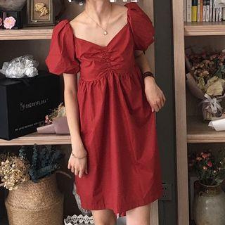 Short-sleeve Shirred Mini A-line Dress Red - One Size