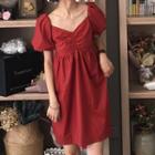 Short-sleeve Shirred Mini A-line Dress Red - One Size