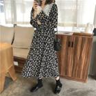Long-sleeve Floral Print Lace Collar Midi Dress Black - One Size