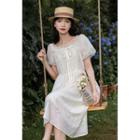 Puff-sleeve Square-neck Sequined A-line Dress