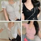 Short-sleeve Plain Button-up Slim-fit Cropped Top