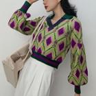 Puff-sleeve Argyle Print Sweater