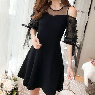 Cut Out Shoulder Lace Panel Elbow Sleeve Dress