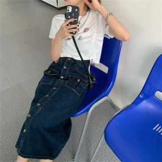 Printed Short-sleeve T-shirt / Denim Midi A-line Skirt