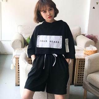 Set: 3/4-sleeve Lettering Hoodie + Wide Leg Sweat Shorts