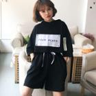 Set: 3/4-sleeve Lettering Hoodie + Wide Leg Sweat Shorts