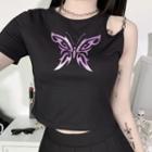 Cold-shoulder Butterfly Print T-shirt