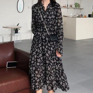 Long-sleeve Floral Midi Dress Floral - Black - One Size