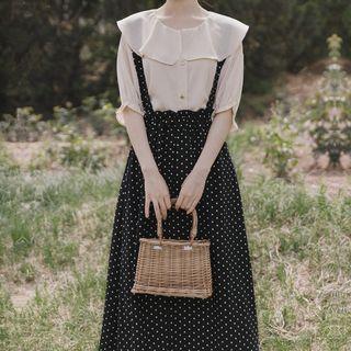 Set: Short-sleeve Frilled Plain Top + Dotted Suspender Skirt