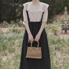 Set: Short-sleeve Frilled Plain Top + Dotted Suspender Skirt