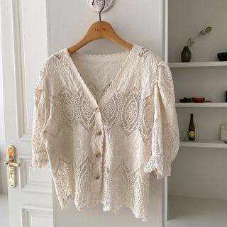 V-neck Full Lace Cardigan Cream - One Size