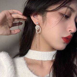 Faux Pearl Rhinestone Fringed Earring 1 Pair - 925 Silver - Pearl - One Size