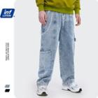 Patchwork Washed Drawstring-hem Straight-cut Jeans