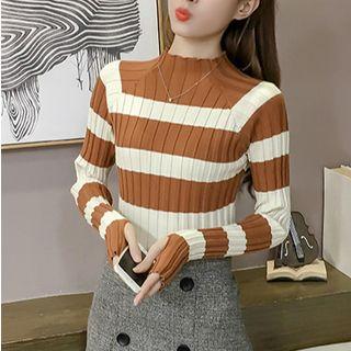 Long-sleeve Striped Mock-neck Knit Top