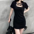 Short-sleeve Strappy Mini Sheath Dress Black - One Size