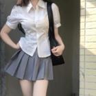 Puff-sleeve Shirt / Bow Tie / Pleated A-line Skirt / Set