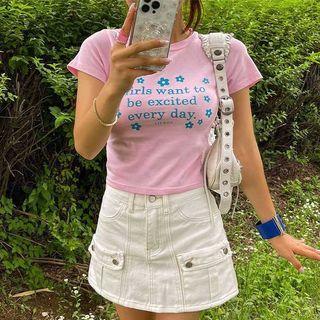 Flower Letter-print Cropped T-shirt