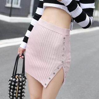 Buttoned Knit Fitted Mini Skirt