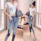 Set: Drawstring Short-sleeve Cropped Top + Skinny Jeans