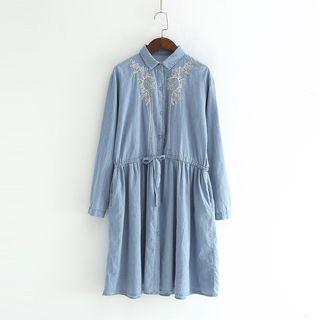 Embroidered Drawstring Waist Denim Shirt Dress