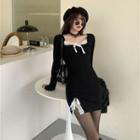 Long-sleeve Lace Trim Mini Sheath Dress Black - One Size