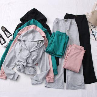 Set: Wrapped Hooded Sweatshirt With Sash + Straight-cut Pants