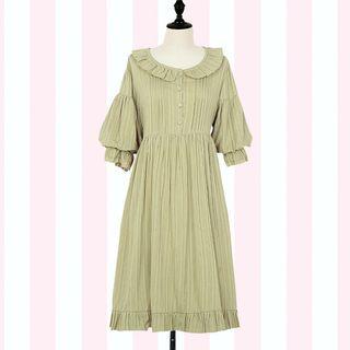 3/4 Sleeve Buttoned Tie Back Ruffled Midi Dress / Frill Trim Pinafore Dress