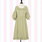 3/4 Sleeve Buttoned Tie Back Ruffled Midi Dress / Frill Trim Pinafore Dress