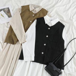 Plain Long-sleeve Loose-fit Shirtdress / Vest