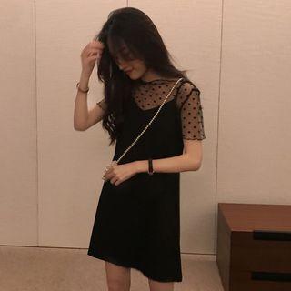 Short-sleeve Dotted Mesh Top / Mini Pinafore Dress