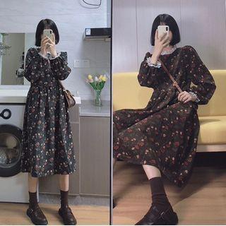 Long-sleeve Floral Print Frill Trim Midi A-line Dress