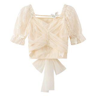 Embossed Ribbon-back Crop Blouse