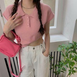 Plain Knit Polo Crop Top