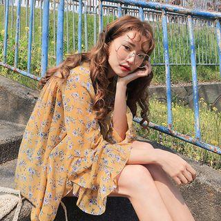 Floral Print Band Collar Long Sleeve Blouse