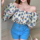 Elbow-sleeve Floral Print Blouse / Shorts