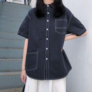 Contrast Stitch Short-sleeve Shirt Blue - One Size