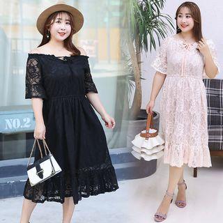 Off-shoulder Elbow-sleeve Lace Midi Dress