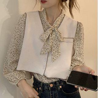 Long-sleeve Floral Blouse / Cropped Vest