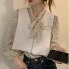 Long-sleeve Floral Blouse / Cropped Vest