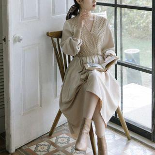 Long-sleeve Knit Panel A-line Midi Dress