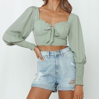 Puff Sleeve Square-neck Bow-detail Cropped Top