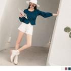 Long-sleeve Square Neck Plain Crop Blouse