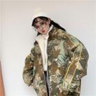 Fleece-lined Leaf Print Padded Jacket As Shown In Figure - One Size