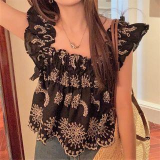 Ruffle Sleeves Square Neck Print Top