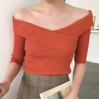 Elbow-sleeve Crisscross Knit Top