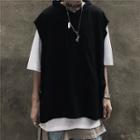 Short-sleeve Mock Two-piece Hooded T-shirt Black & White - One Size