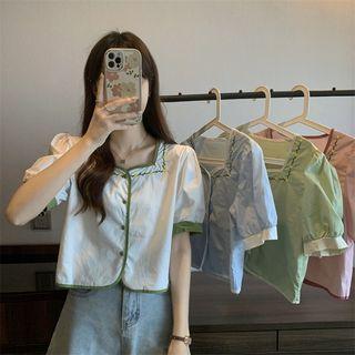 Puff Short-sleeve Square-neck Color Panel Embroidered Cropped Top